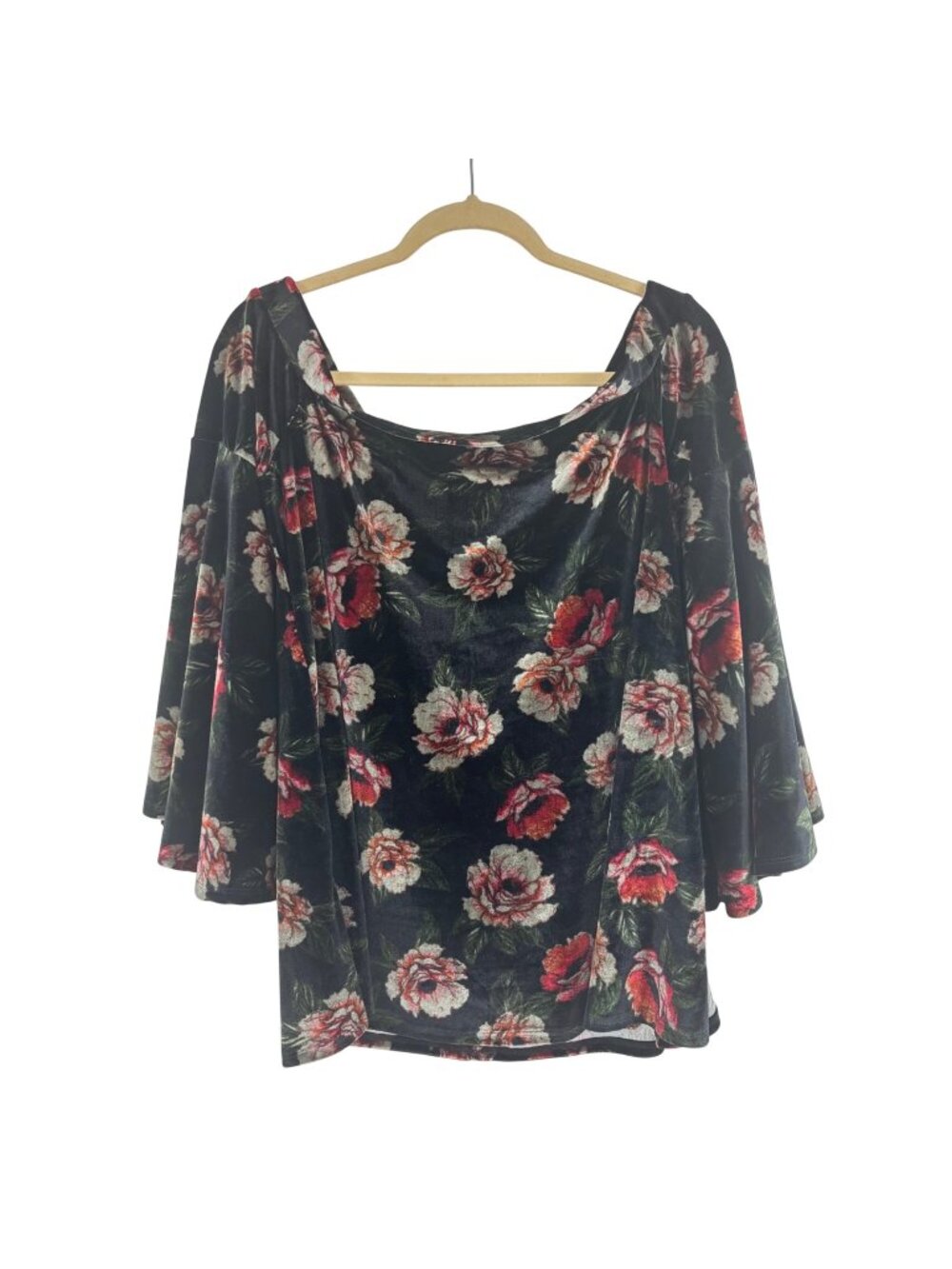 ✨3/$30 Torrid 00 L Black Floral Velvet Bell Sleeve Top Off Shoulder Whimsigoth